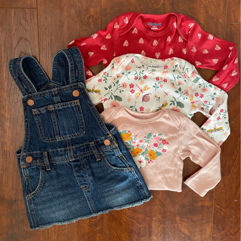 Old Navy—Overall Dress (NWOT) & Long Sleeved Onesies—Cuteness Bundle Sz 12-18m